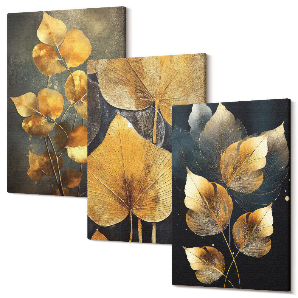 Sada 3 obrazov Listy v odtieňoch žltej na tmavom pozadí