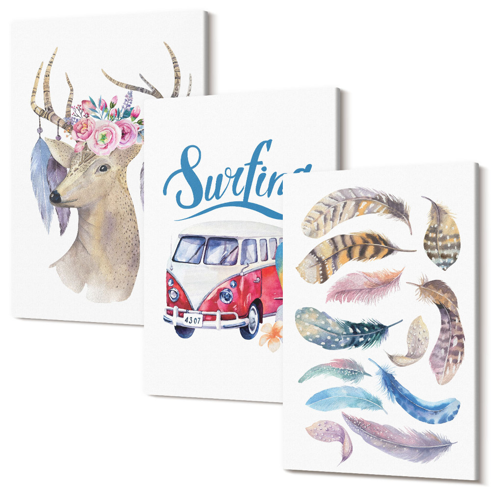 Sada 3 obrazov Parohový jeleň s kvetmi sviatočnými pierkami