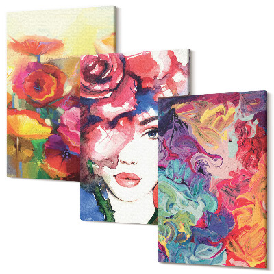 Sada 3 obrazov Kvety v intenzívnych farbách, portrét ženy, abstraktné