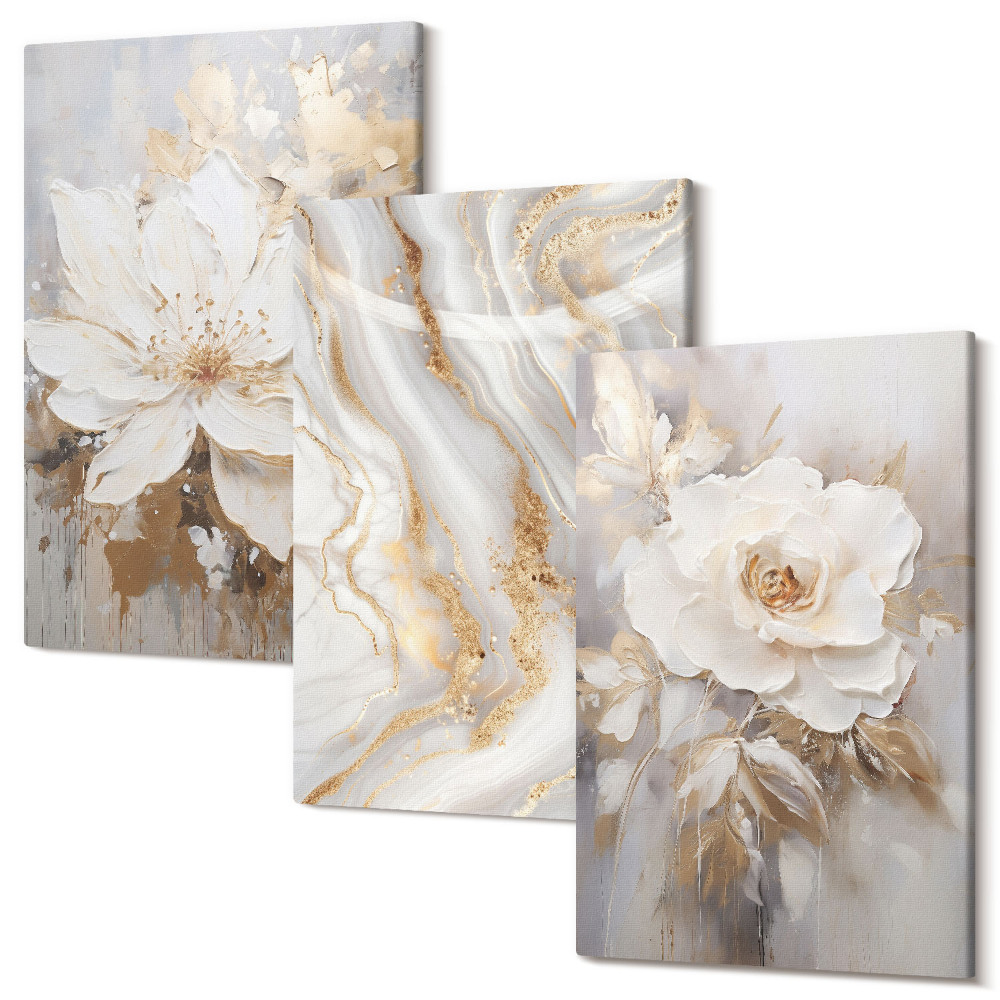 Sada obrazov triptych Kvety a abstraktný mramorový vzor
