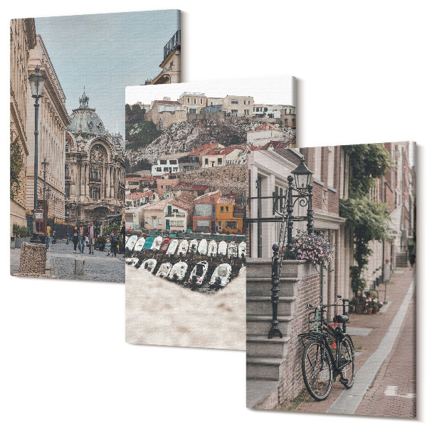 Sada obrazov triptych Očarujúce mestské uličky s výhľadom na prístav a budovy