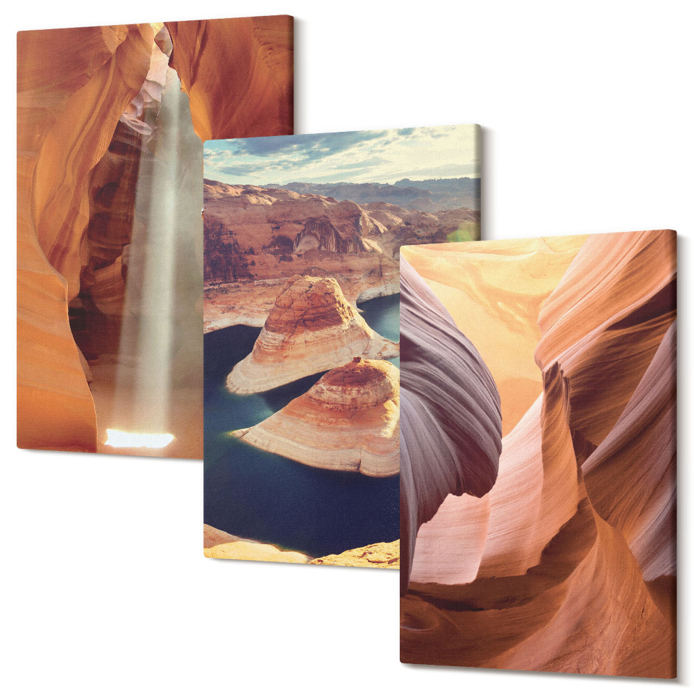 Sada 3 obrazov Vodopád v rokline skalné útvary v kaňone