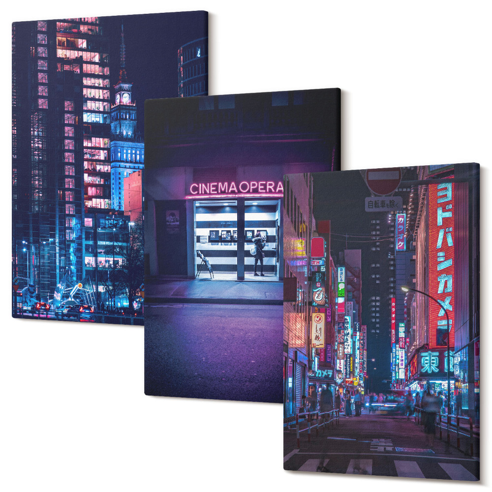 Sada obrazov na stenu triptych Nočné mesto s neónovými svetlami a vstupom do kina