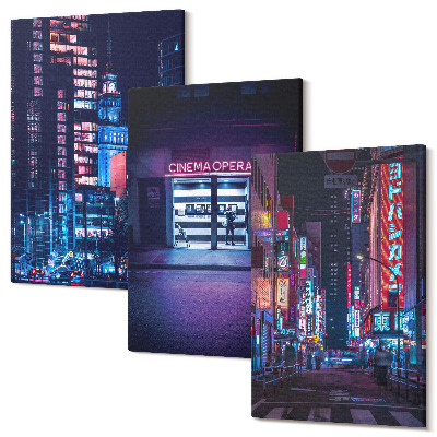 Sada obrazov na stenu triptych Nočné mesto s neónovými svetlami a vstupom do kina