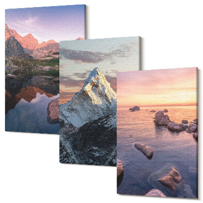 Sada 3 obrazov Horská krajina s vodou a skalami v pozadí