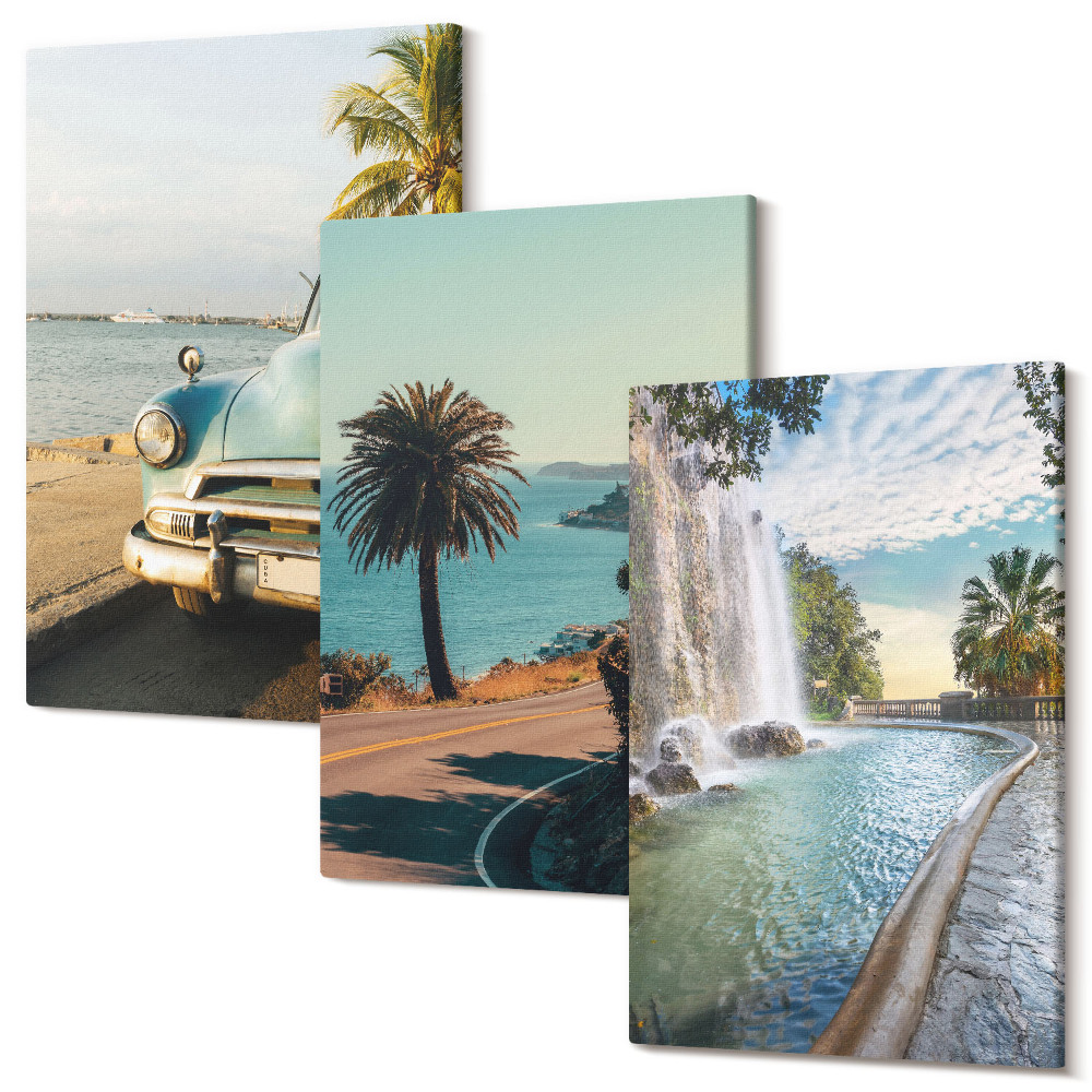 Sada 3 obrazov Dovolenková krajina s palmami a vodopádom