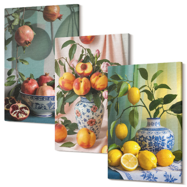 Sada obrazov na stenu triptych Granátové jablká, broskyne a citróny vo vázach