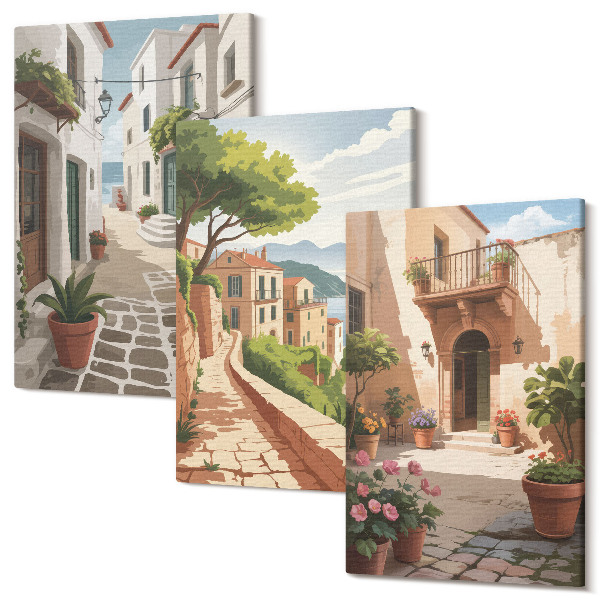 Sada obrazov na stenu triptych Malebné uličky s domami a rastlinami v črepníkoch