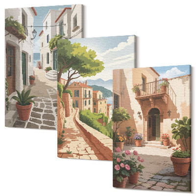Sada obrazov na stenu triptych Malebné uličky s domami a rastlinami v črepníkoch