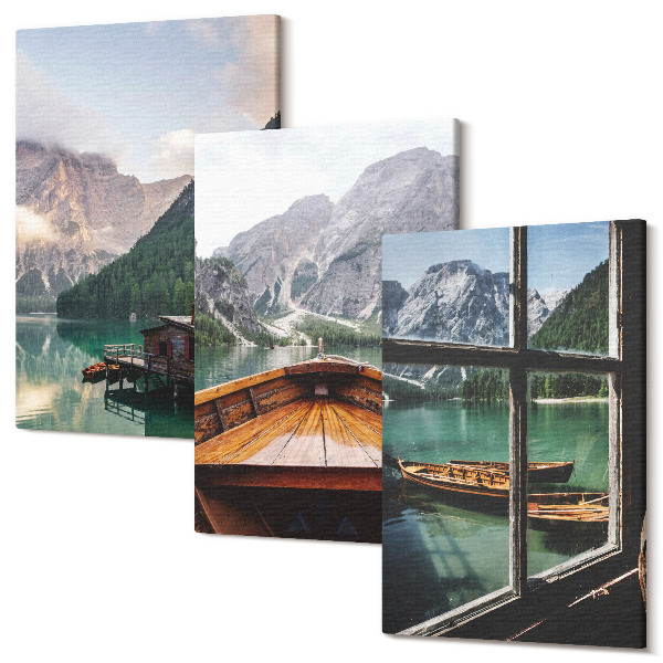 Sada 3 obrazov Horské jazero s loďou a drevenými domčekmi