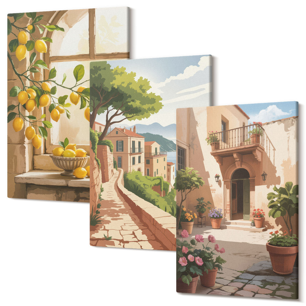 Sada obrazov triptych Citrusové plody v kuchyni s výhľadom na more a čarovné mestečko