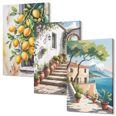 Sada 3 obrazov Citróny na pozadí kvetov a výhľadom na more