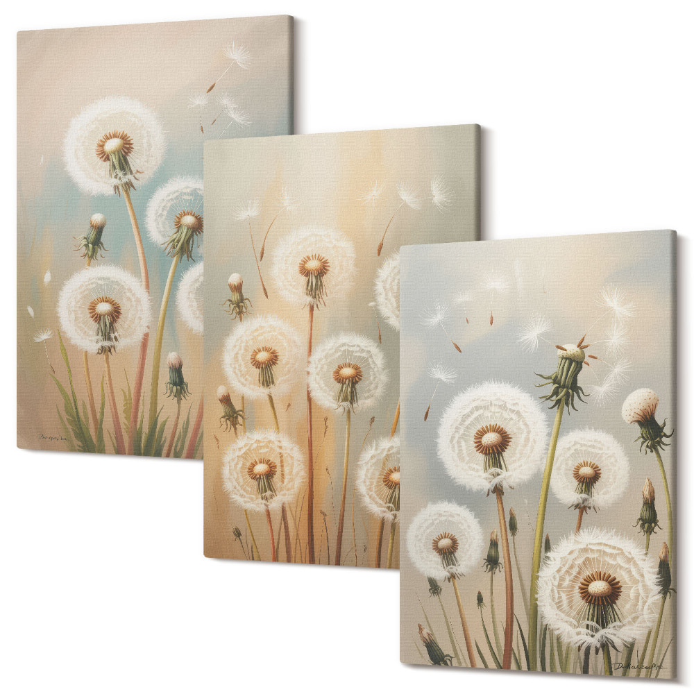 Sada obrazov na stenu triptych Kvety púpavy na pozadí pastelových farieb