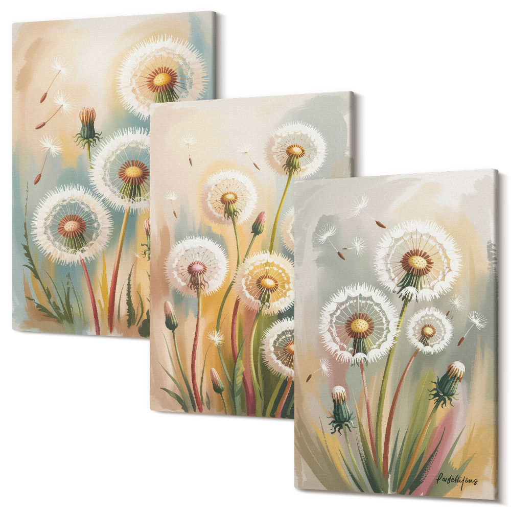 Sada 3 obrazov Kvety púpavy na pozadí pastelových tráv