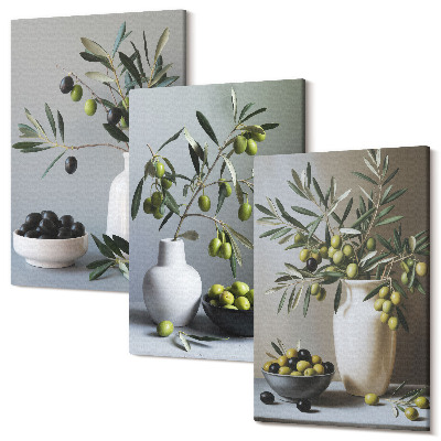 Sada obrazov triptych Olivy vo vázach na pozadí tlmených farieb