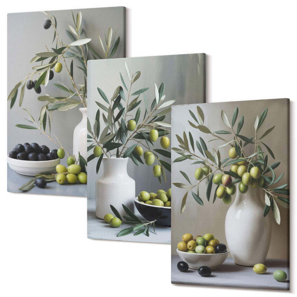 Sada obrazov na stenu triptych Olivy vo vázach s konármi na sivom pozadí