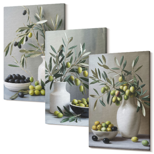 Sada obrazov na stenu triptych Olivy vo vázach s konármi na sivom pozadí