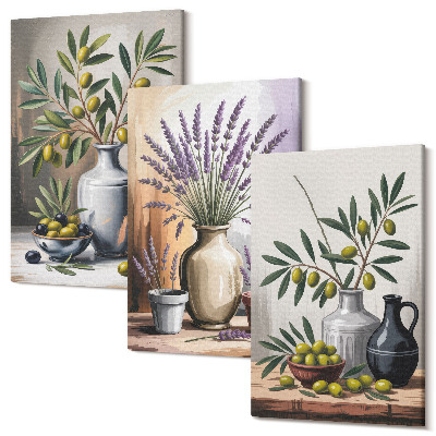 Sada obrazov triptych Kvety a olivy vo vázach na svetlom pozadí