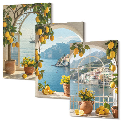 Sada obrazov triptych Prímorské mesto citróny a kvety v kvetináčoch