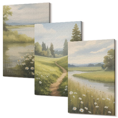 Sada obrazov na stenu triptych Jarná krajina s riekou, cestou a kvetinovou lúkou
