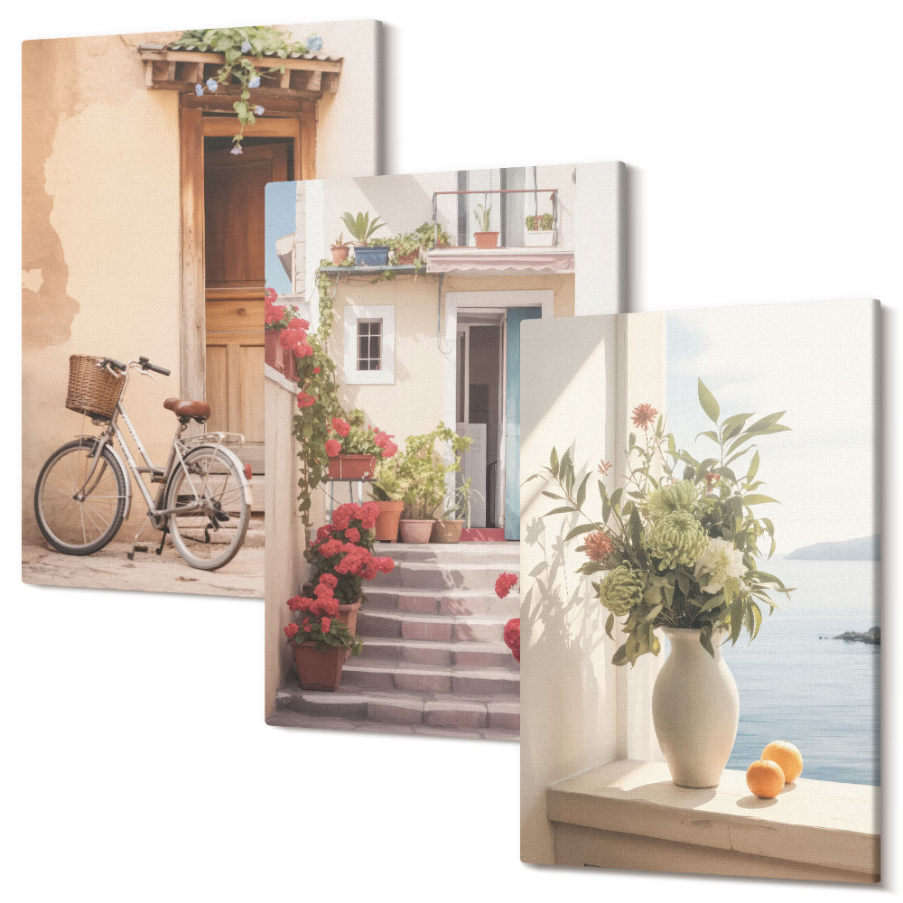 Sada 3 obrazov Očarujúce prímorské uličky s kvetmi a bicyklami
