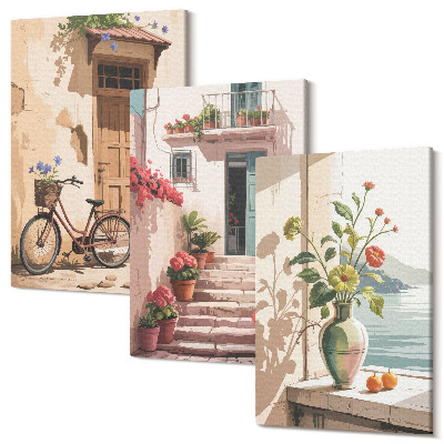 Sada obrazov triptych Pomaľované ulice kvetmi a bicyklom