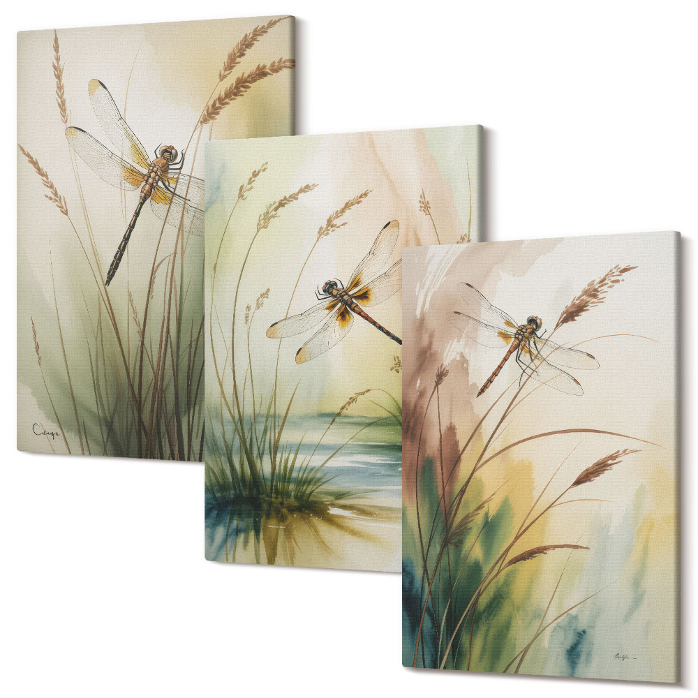 Sada obrazov triptych Vážky medzi trávou pri vode v maliarskom štýle