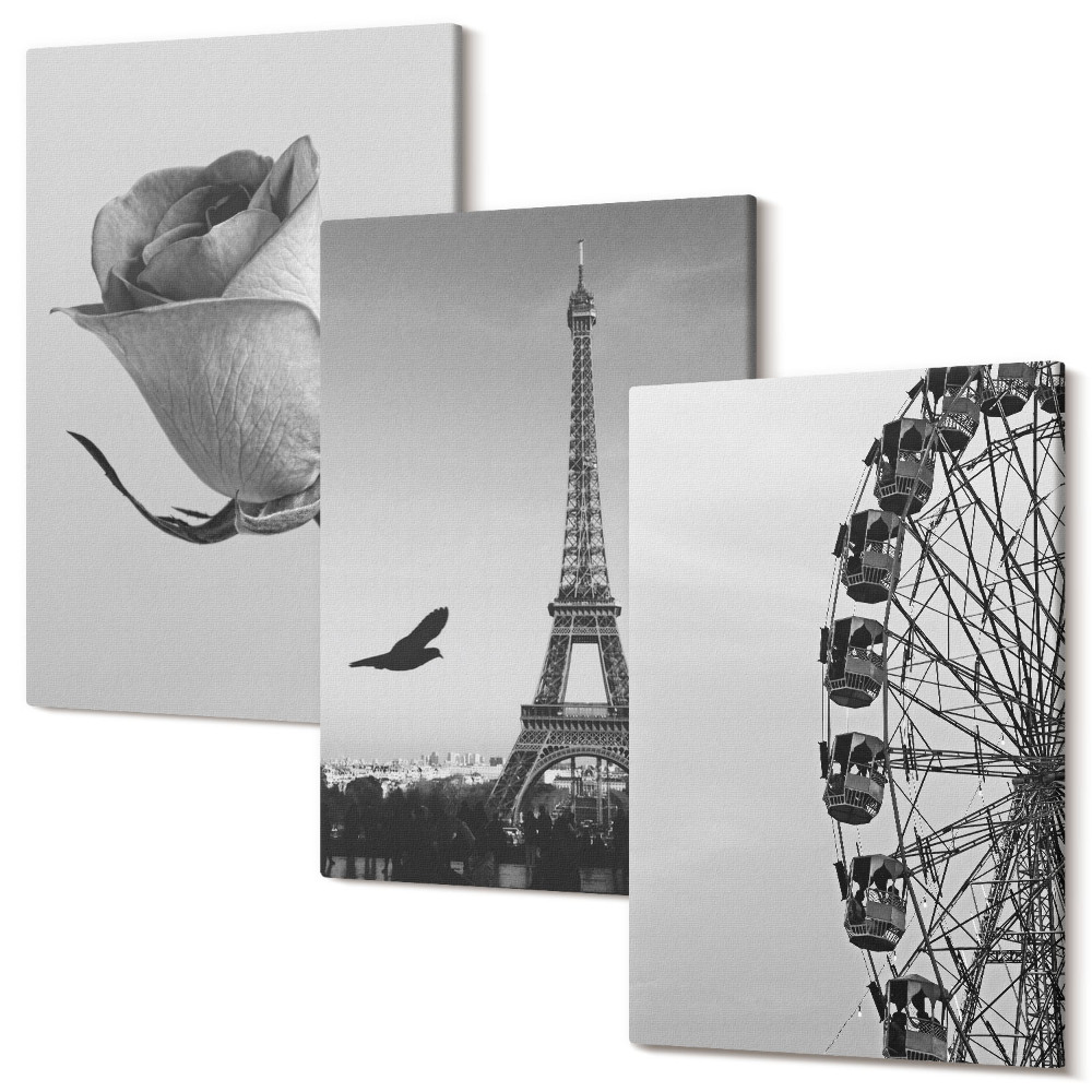 Sada 3 obrazov Veža Rose Eiffel a ruské koleso v monochromatickom režime