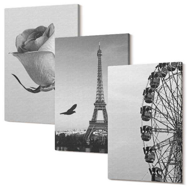 Sada 3 obrazov Veža Rose Eiffel a ruské koleso v monochromatickom režime