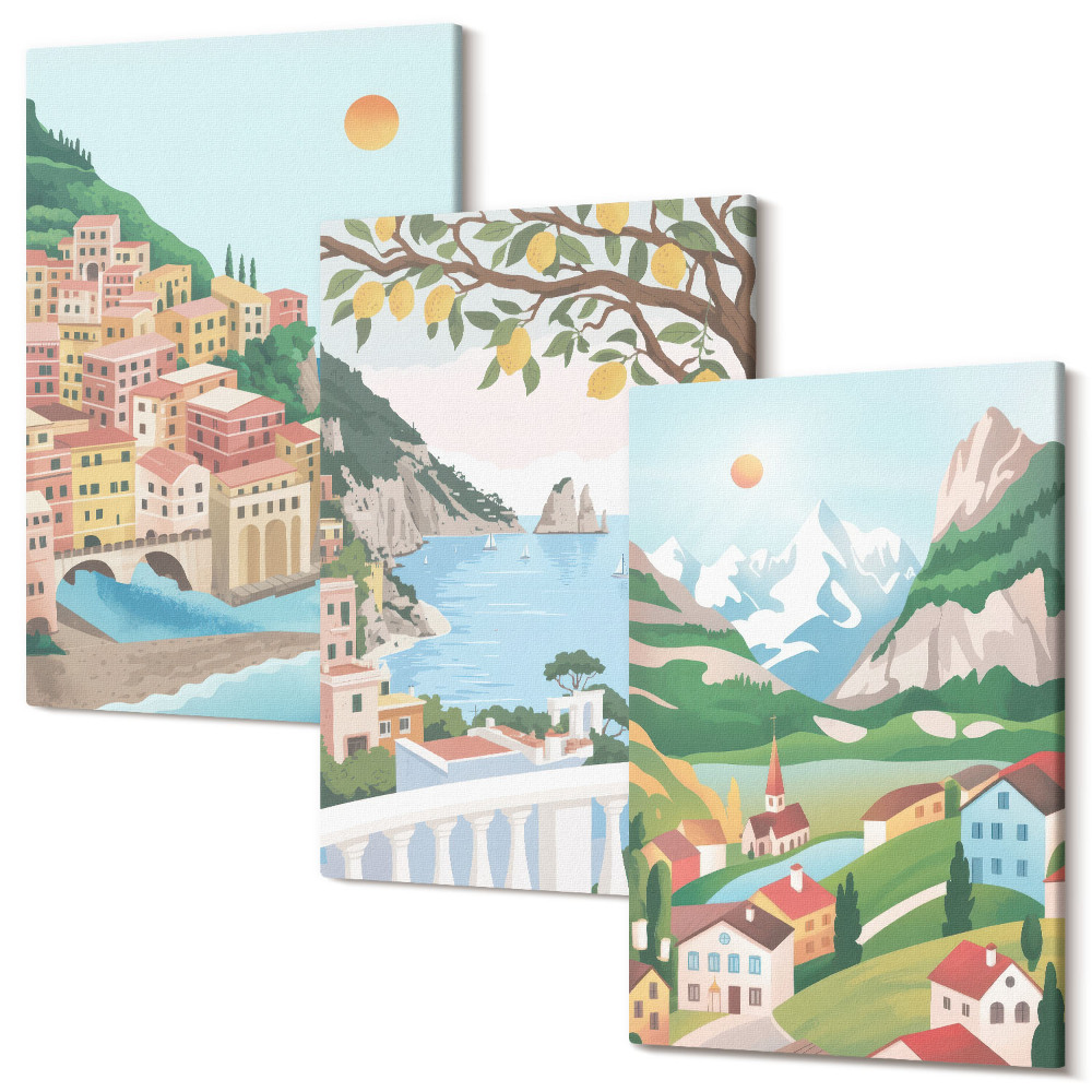 Sada 3 obrazov Pohľad na more s pastelovými domami
