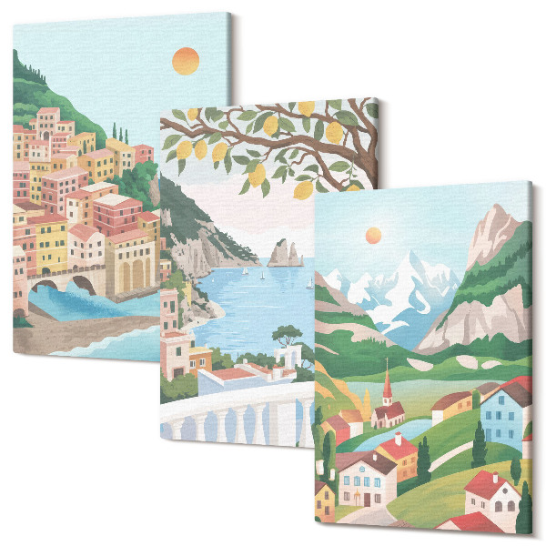 Sada 3 obrazov Pohľad na more s pastelovými domami