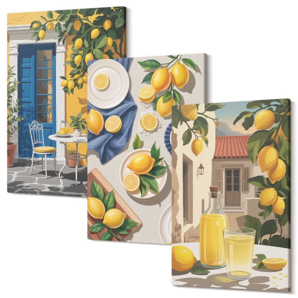 Sada obrazov triptych Citrónová záhrada s citrónmi a nápojmi na stole