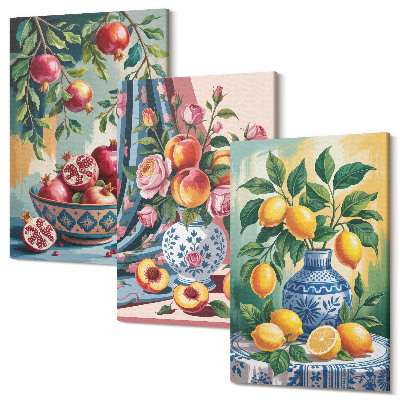 Sada 3 obrazov Maľované kvety a ovocie vo vázach