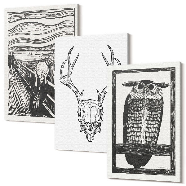 Sada obrazov na stenu triptych Inšpirované obrázkom Scream s lebkou a sovou v grafickom štýle