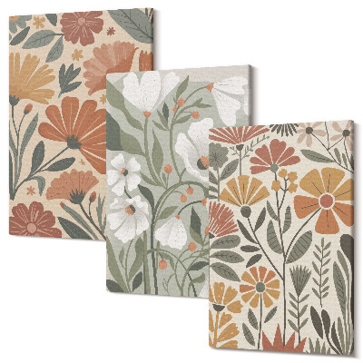 Sada 3 obrazov Kvetinové vzory v odtieňoch oranžovej a zelenej