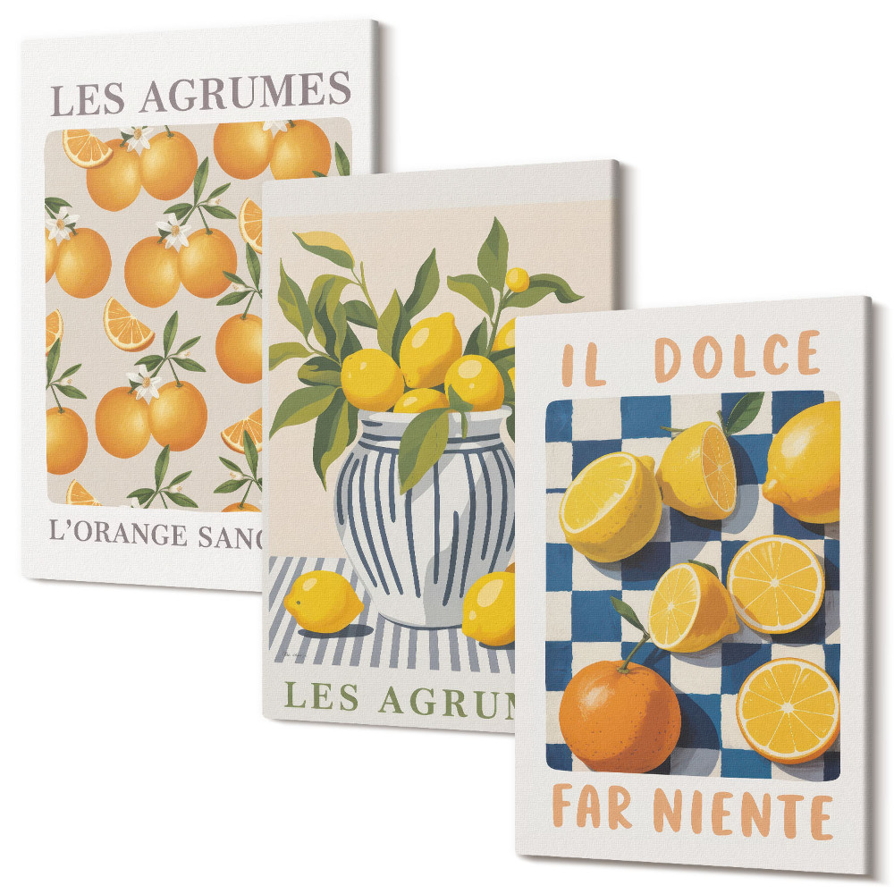 Sada obrazov na stenu triptych Retro citrusové ovocie so žltými akcentmi