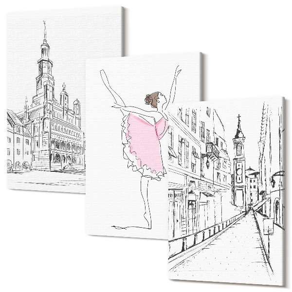 Sada obrazov triptych Štýlové obrázky tancujúcich balerín a architektúry