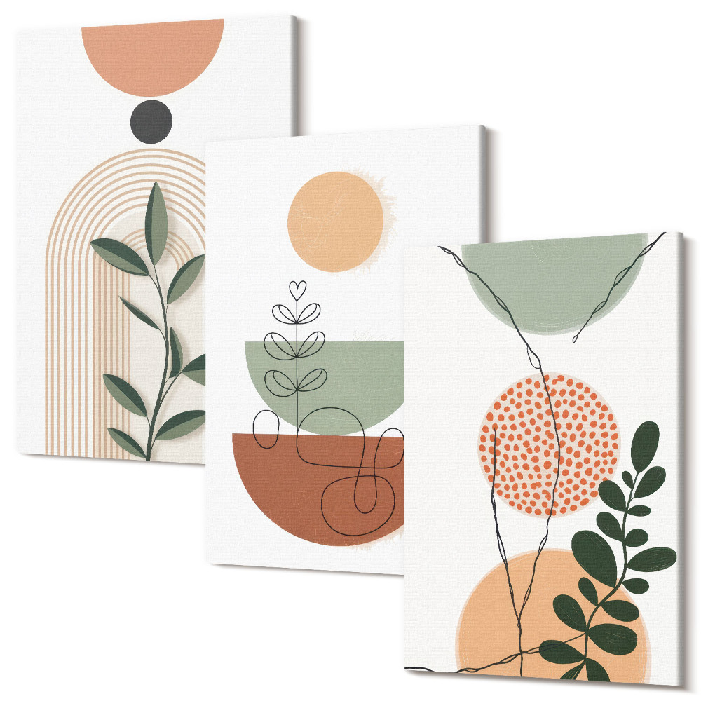 Sada obrazov na stenu triptych Abstraktné tvary s farebnými rastlinnými motívmi