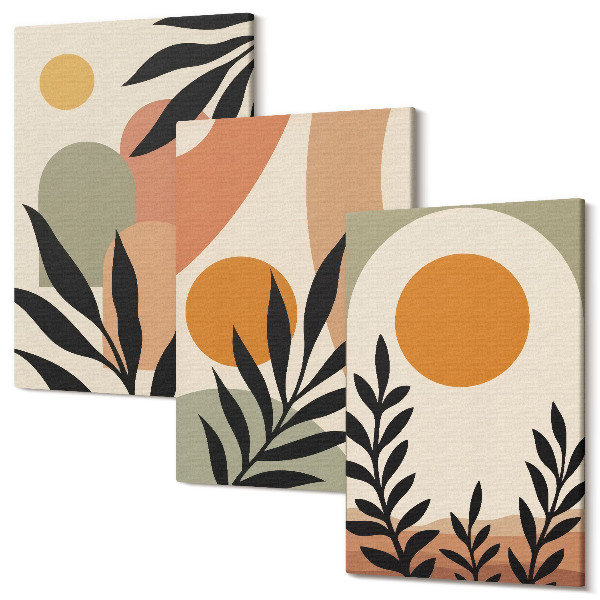 Sada obrazov triptych Abstraktné tvary a rastlinné motívy v teplých farbách