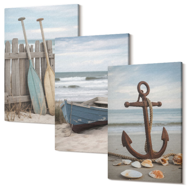 Sada obrazov na stenu triptych Pláž s veslicou a kotvou v piesku