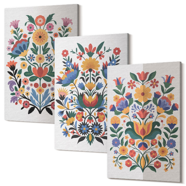 Sada obrazov triptych Kvetinové vzory v intenzívnych farbách na bielom podklade