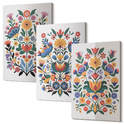 Sada obrazov triptych Kvetinové vzory v intenzívnych farbách na bielom podklade