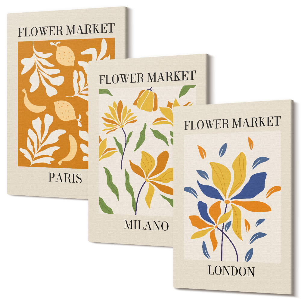 Sada 3 obrazov Kvetinové plagáty Paríž Miláno Londýn
