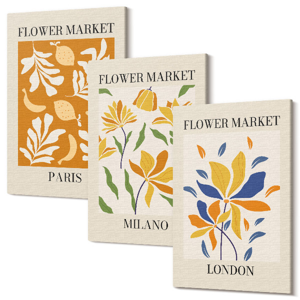 Sada 3 obrazov Kvetinové plagáty Paríž Miláno Londýn