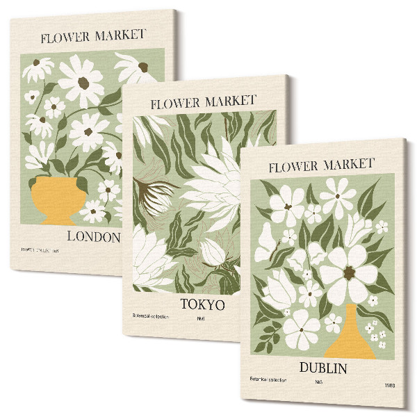 Sada obrazov na stenu triptych Kvetinové návrhy plagátov Londýn Tokio Dublin