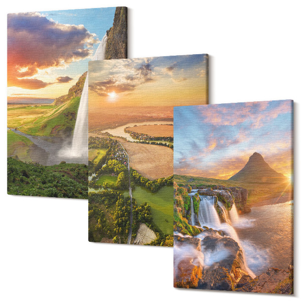 Sada 3 obrazov Vodopády, horské krajiny a rieky pri západe slnka