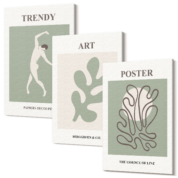 Sada obrazov triptych Abstraktné postavy a rastlinné motívy v tlmených farbách