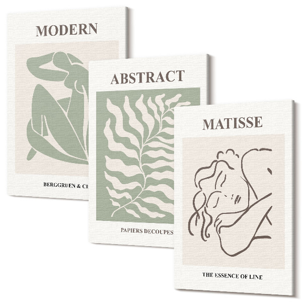 Sada obrazov na stenu triptych Štýlové obrazy v odtieňoch zelenej s postavami a listami