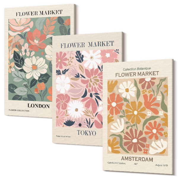 Sada obrazov na stenu triptych Kvetinové vzory plagáty Londýn Tokio a Amsterdam