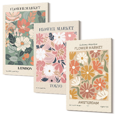 Sada obrazov na stenu triptych Kvetinové vzory plagáty Londýn Tokio a Amsterdam